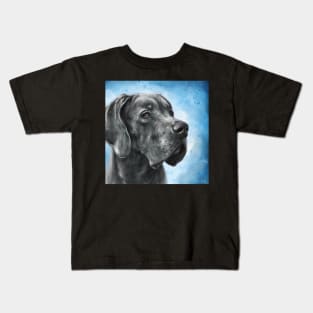 Painting of Grey Great Dane on a Blue Background Kids T-Shirt